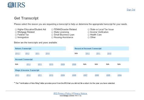 irs tax account transcript request