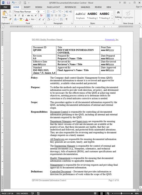 iso document control procedure template