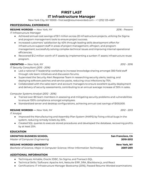 Infrastructure Manager Resume Example