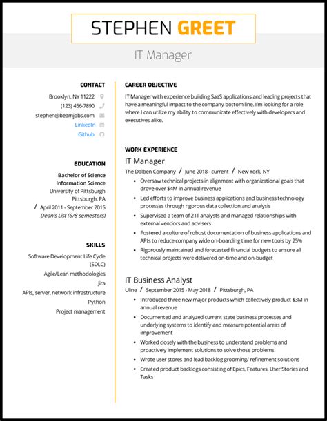 IT Manager CV Template to Download Word Student Resume