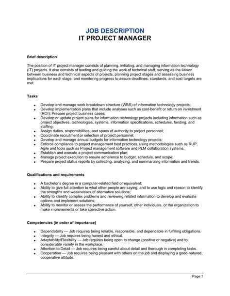 it project manager job descriptions and dut