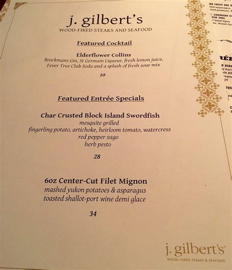 J Gilbert S Dinner Menu