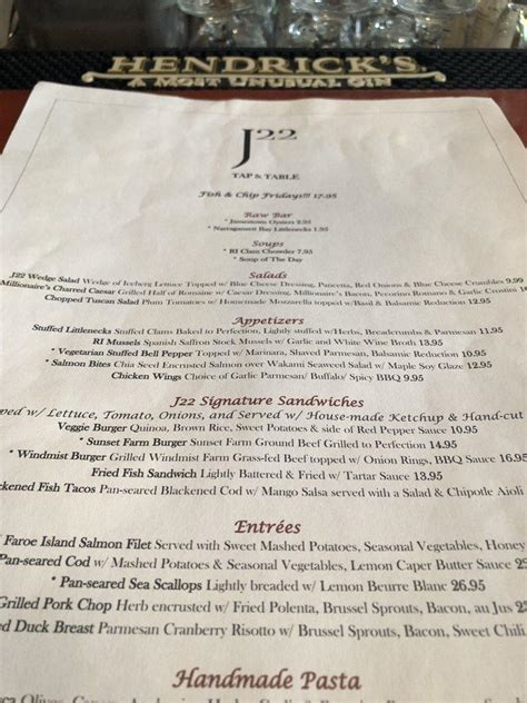 Menu at J22 Tap and Table pub & bar, Jamestown