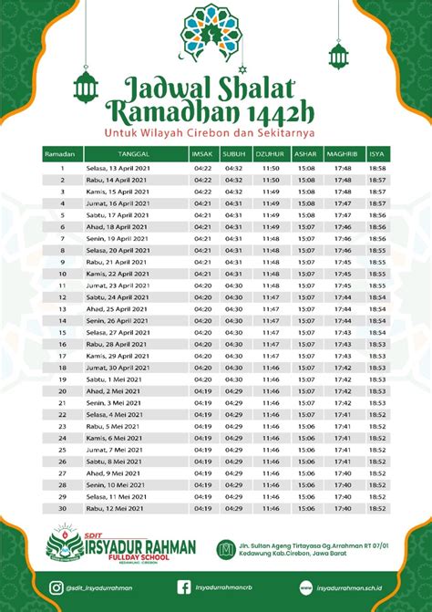 Jadwal Sholat Ramadhan 1442 H 2021 M Wilayah Cirebon Dan Sekitarnya Yayasan Irsyadur Rahman