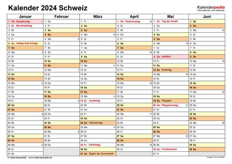 Jahreskalender 2024 Excel Schweiz