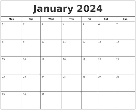 jan 2024 calendar monday start