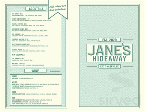jane's hideaway menu