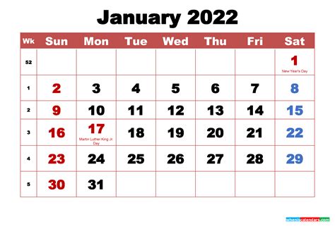 january 2022 calendar with holidays