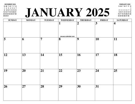 January 2025 Calendar Month
