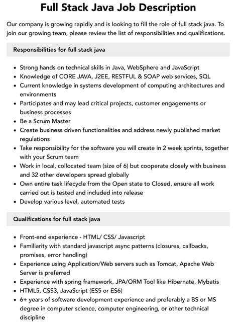 java full stack job description