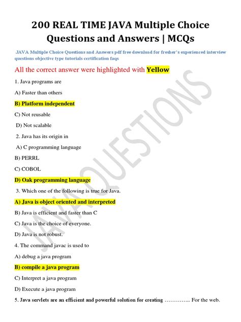 java multiple choice questions with answers pdf download