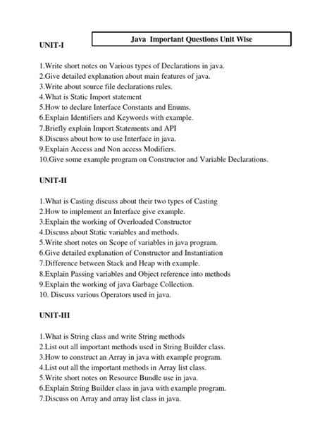 java programming important questions unit wise