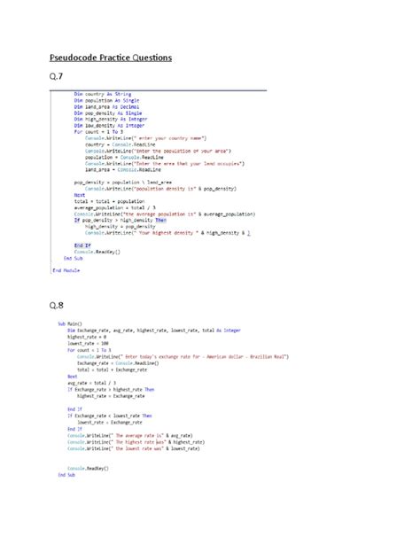 java pseudo code questions and answers pdf