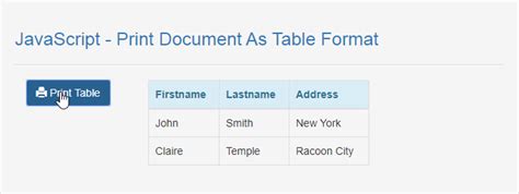 Javascript Onclick Print Table