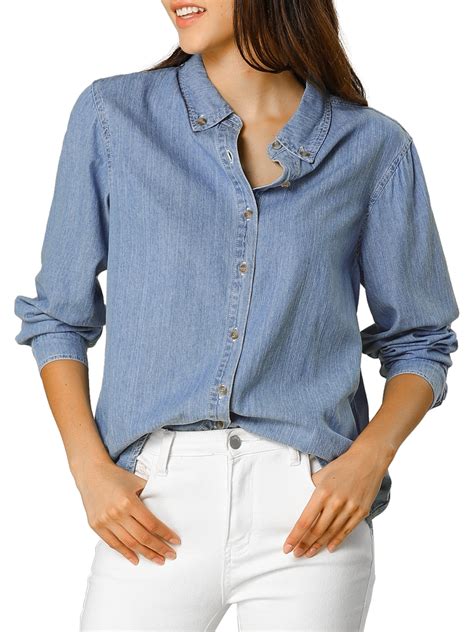 Women's Denim Blouse Button Down Blue Jean Tencel Long Sleeve Western