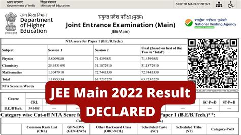 jee mains result date 2022 session 2