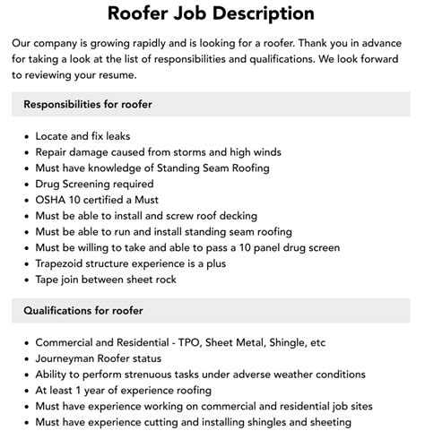 Job Description For A Roofer