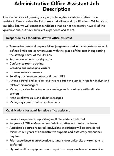job description for administrative assistant in government