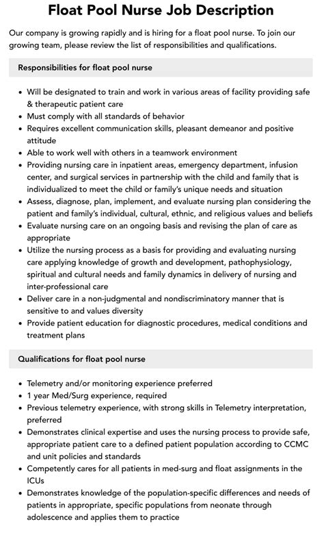 Job Description For Float Pool Nurse