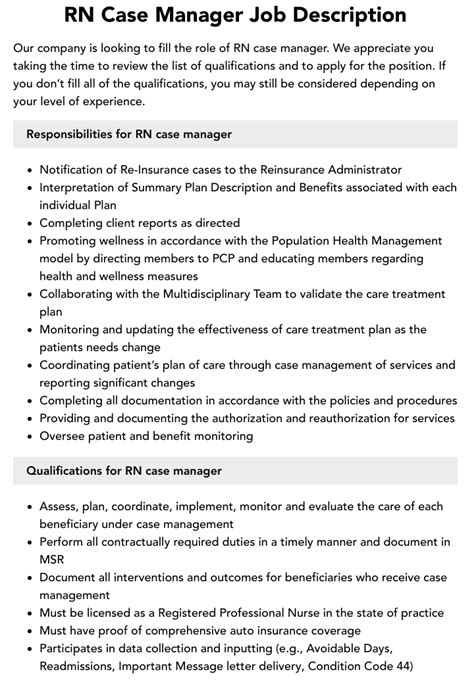 job description for rn case management