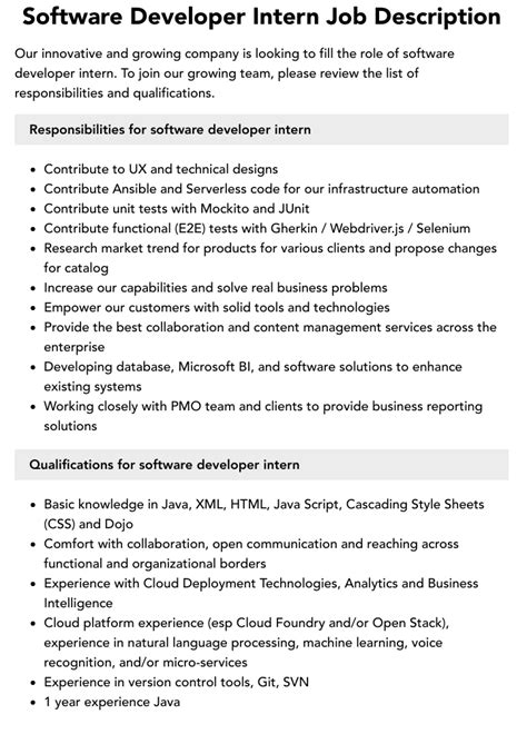 Job Description For Software Developer Intern