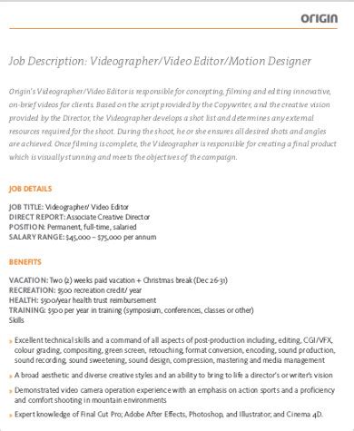 Job Description For Video Editor