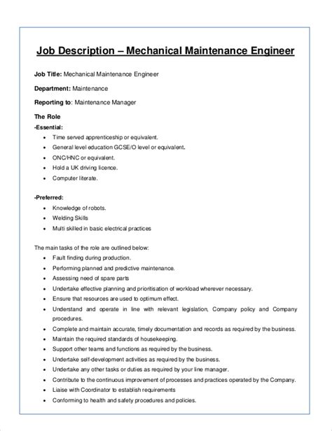 Job Description Form For Mechanical Engineer