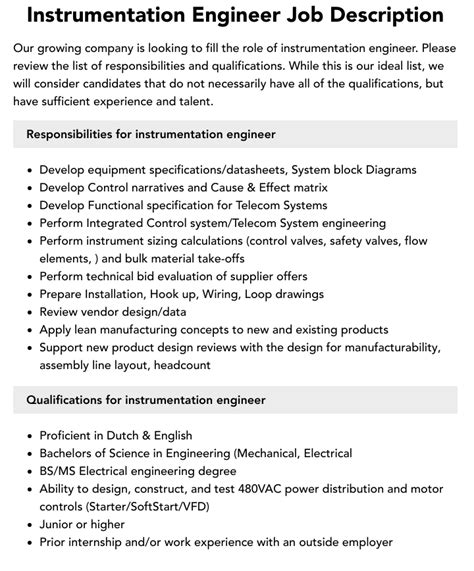 Job Description Of Instrumentation Engineer