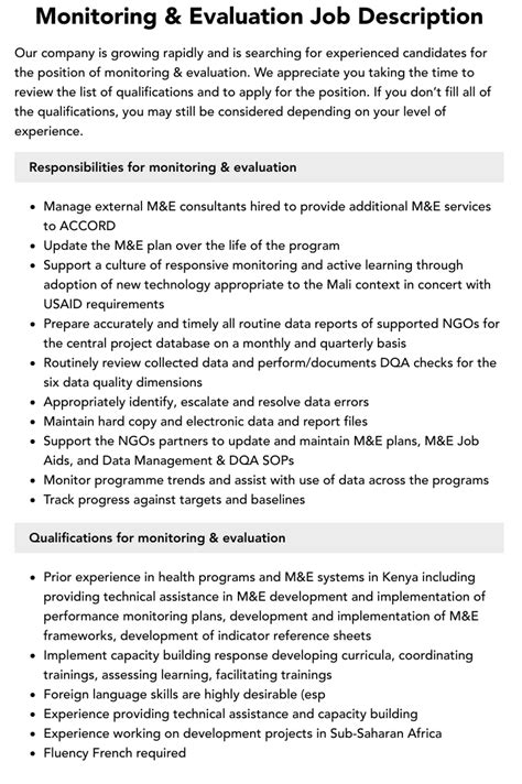 Job Description Of Monitoring And Evaluation Manager