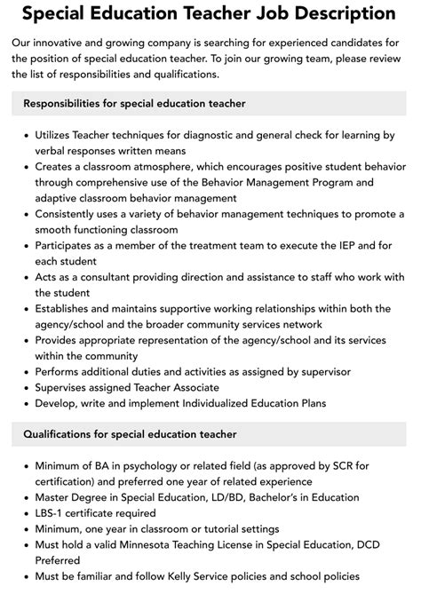 job description of special education teacher