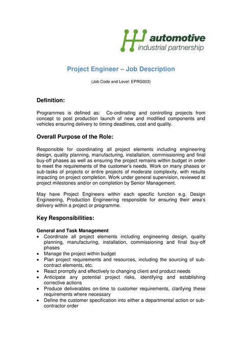 job description project manager engineering