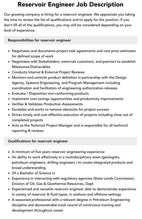 Job Description Reservoir Engineer