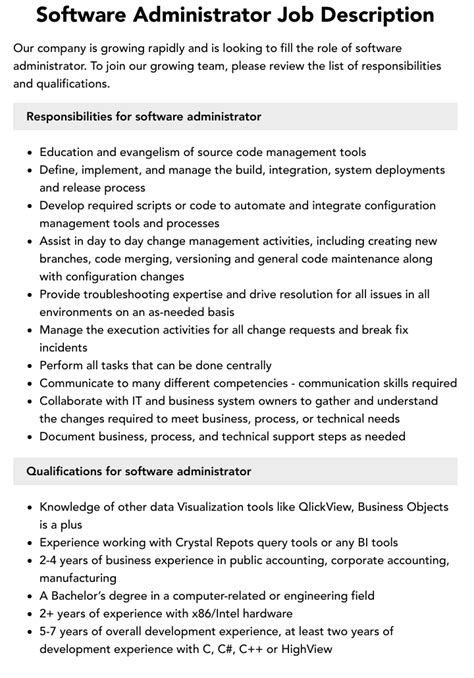 Job Description Software Administrator