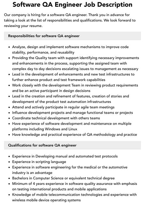 Job Description Software Qa Engineer