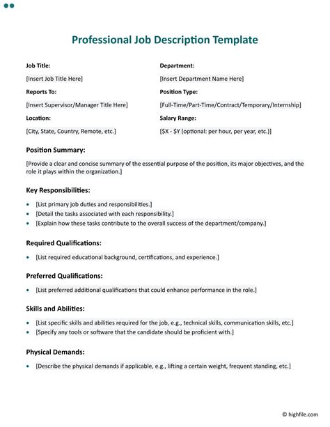 Job Description Template Professional