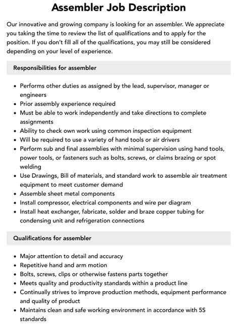 Job Description Window Assembler