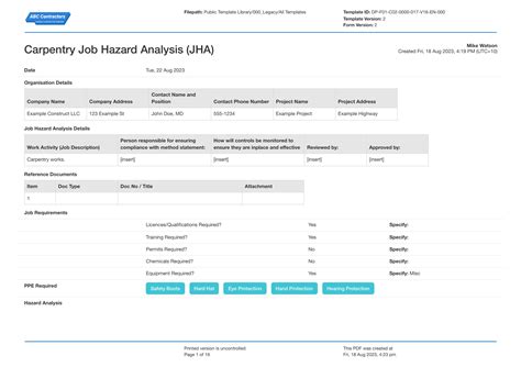 Job Hazard Analysis Carpentry