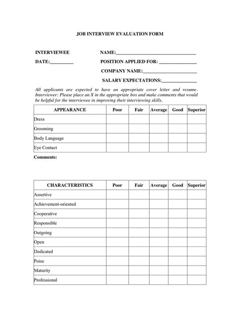 job interview interview evaluation form template