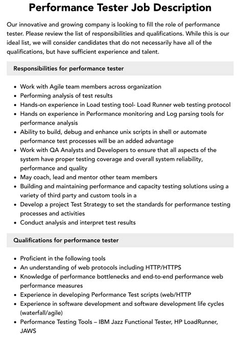 job profile for performance tester