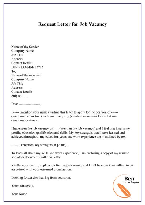 免费 Application letter for a job vacancy 样本文件在