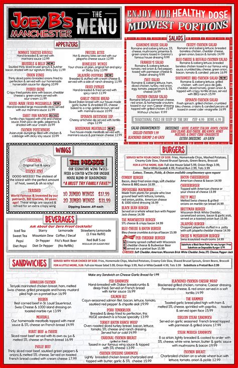 Joey B Menu Printable