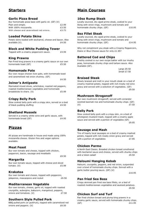 Joiners Arms Bloxham Menu