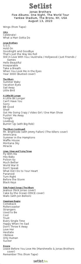 jonas brothers setlist 2021