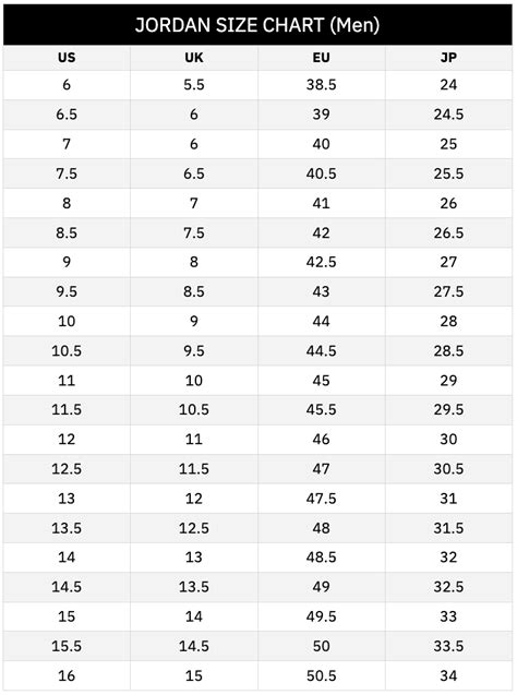 Jordan Craig Size Chart
