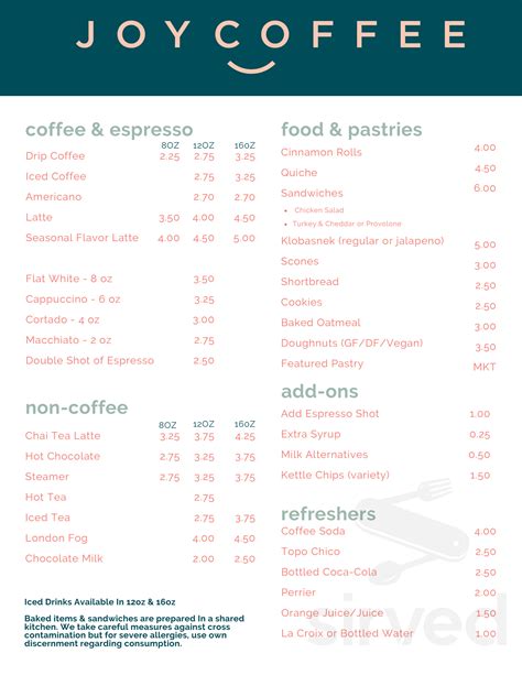 Joy Coffee House Menu