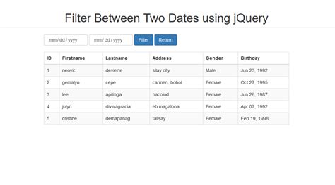 Jquery Filter Table By Date Range