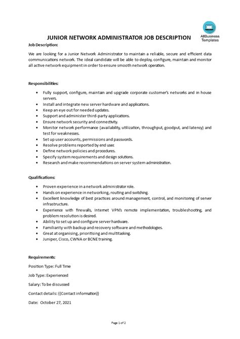 jr network administrator job description
