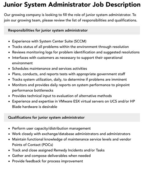 jr systems administrator job description