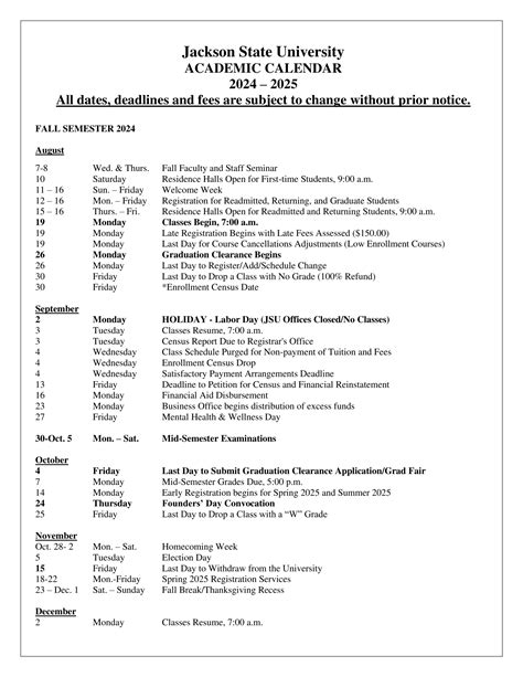 Jsu Fall 2025 Calendar