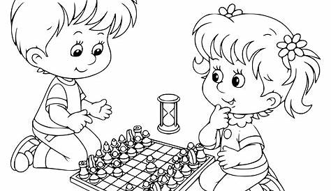 Dibujo de Niño y niña jugando al ajedrez para colorear | Dibujos para